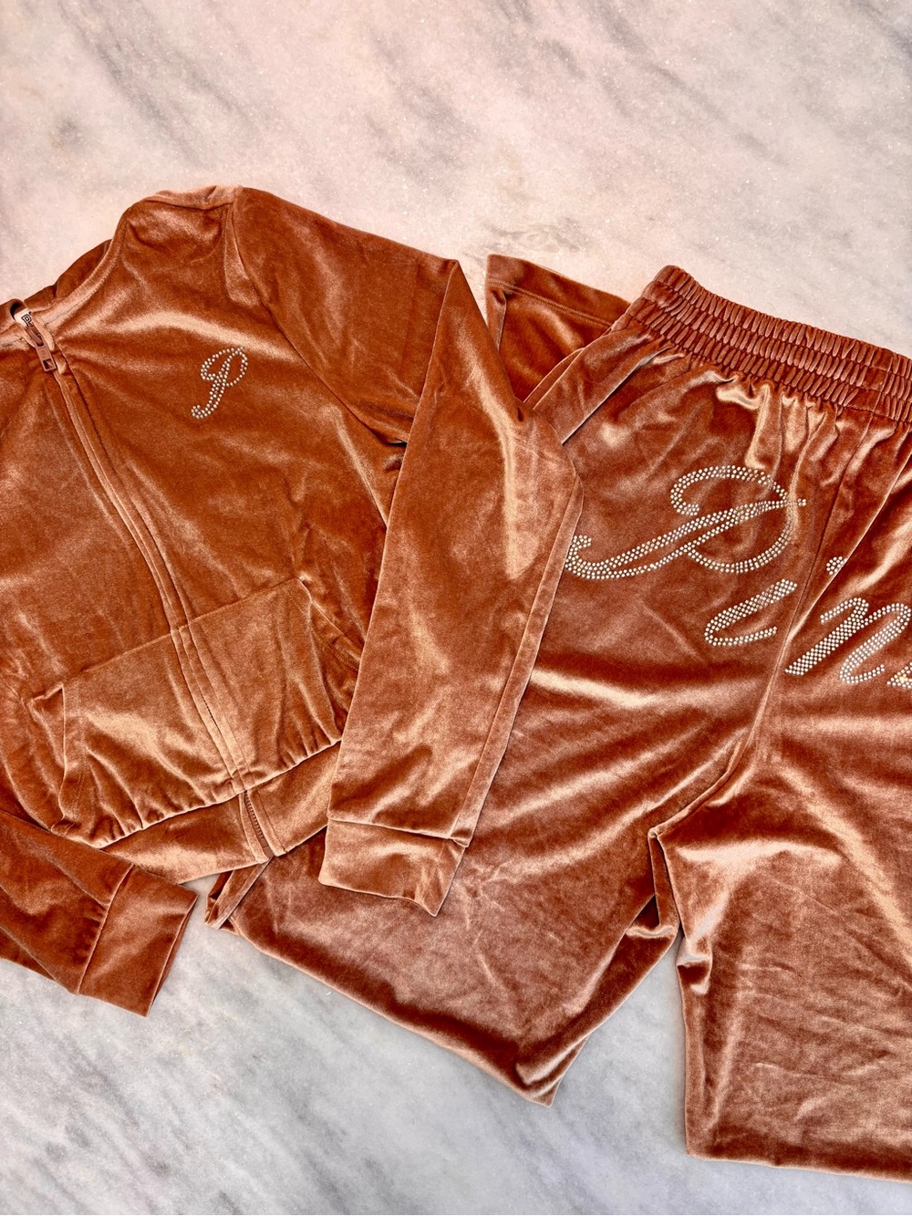 VS PINK SET ! Y2K Golden Peachy Velour Bling Rhinestone Tracksuit Set ! NWOT